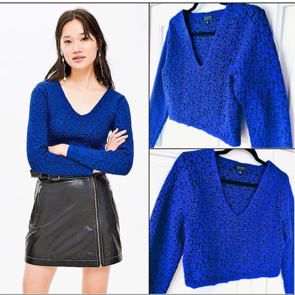 TOPSHOP Leopard-Print Blue & Black V-Neck Cropped Sweater Size M UK14/US10/EU42 - Picture 1 of 16